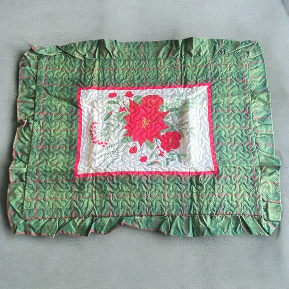2 Christmas Poinsettia Lattice Pillow Shams Standard Quilted Holiday Decoration - Picture 2 of 9